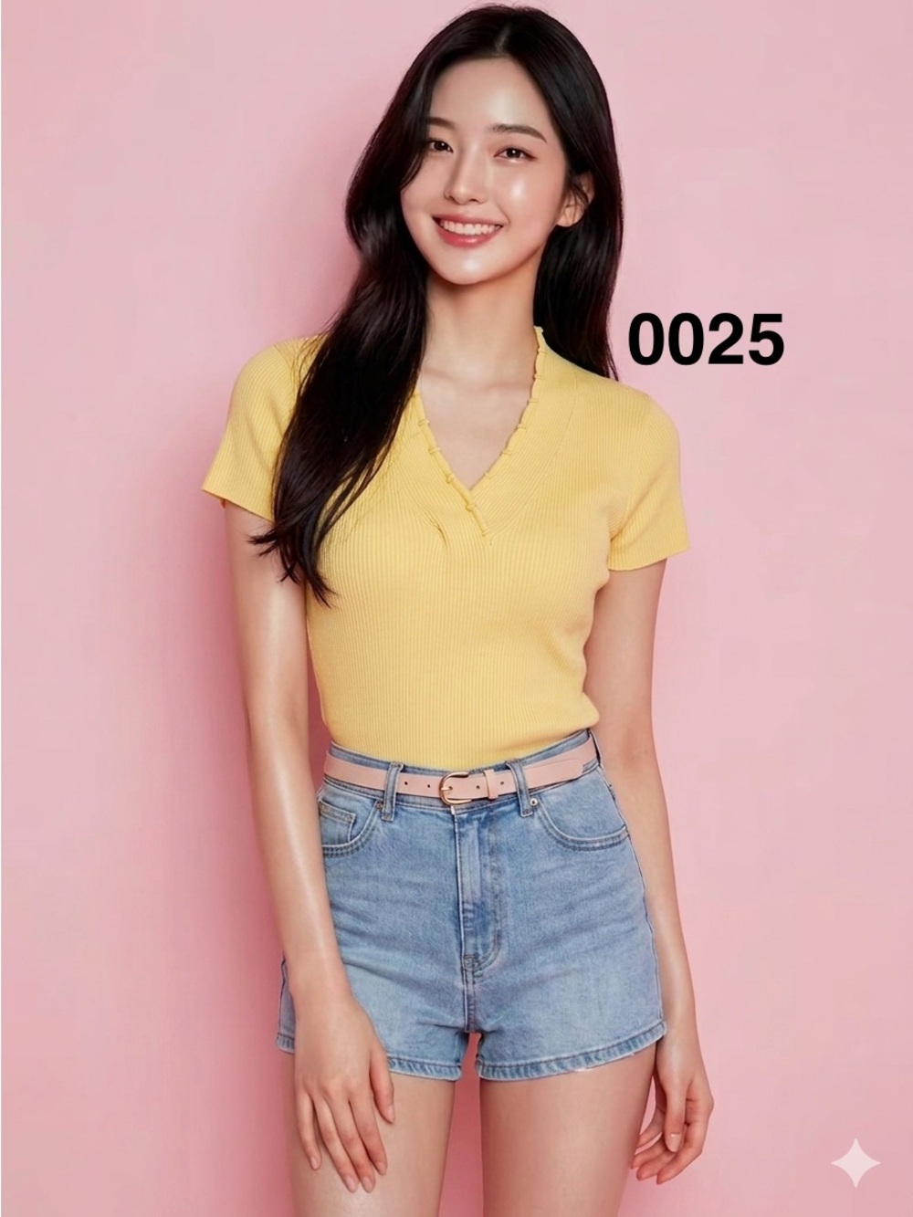 Emma James Yellow Ribbed V-Neck Short Sleeve Top